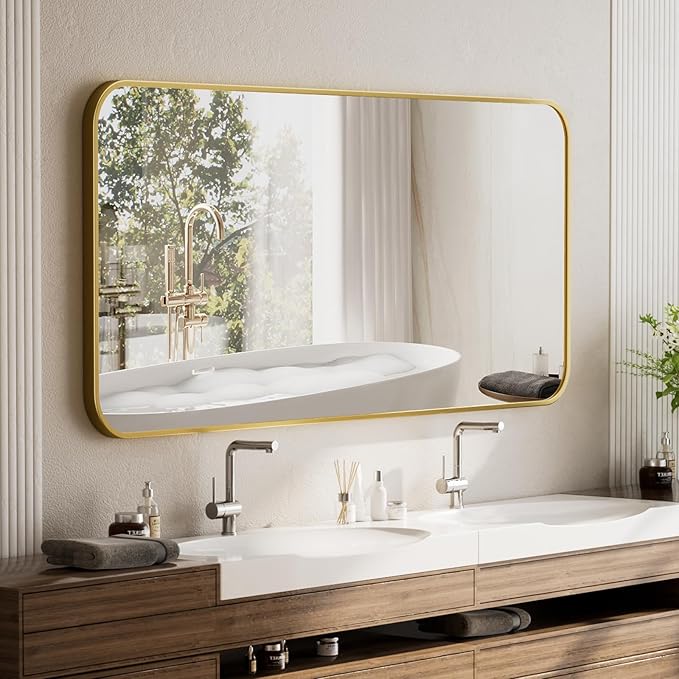 BEAUTYPEAK 26" x 38" Rectangular Aluminum Alloy Frame Wall Mounted Bathroom Mirror with Rounded Corners, Gold