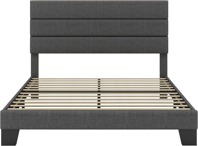 SHA CERLIN Queen Platform Bed Frame with Upholstered Fabric Headboard, Mattress Foundation with Strong Wooden Slats Support, No Box Spring Needed, Grey