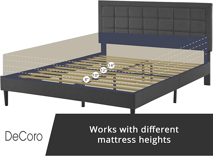 Decoro Mornington Upholstered 2.0 Platform Bed, Button-Tufted Fabric Headboard and Metal Frame with Wood Slat Support, Dark Grey, Full