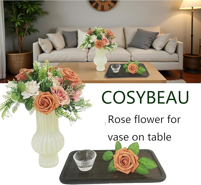 Artificial Rose Flowers 25pcs, Burnt Orange Foam Fake Rose Faux Flower for Wedding Bouquets Bridal Shower Centerpieces Floral Arrangements Home Decorations Party Backdrops Table