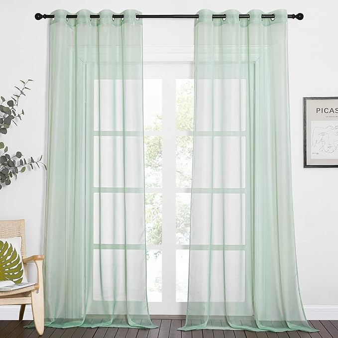 NICETOWN Sage Green Sheer Curtains 90 inch Long 2 Panels Set, Grommet Voile Sheer Textured Casual with Light Filtering Window Curtain Drapes for Bedroom/Living Room, W54 x L90