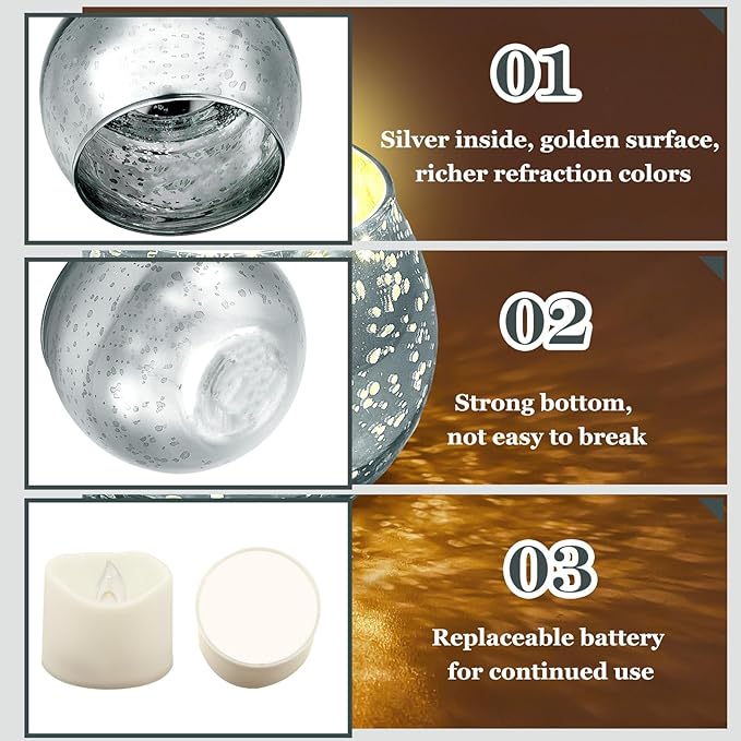 Rtteri 24 Set Votive Candle Holders Wedding Centerpiece Table Decorations Speckled Mercury Glass Votive Candle Holders with Tea Lights Birthday Party Decorations for Home (Silver)