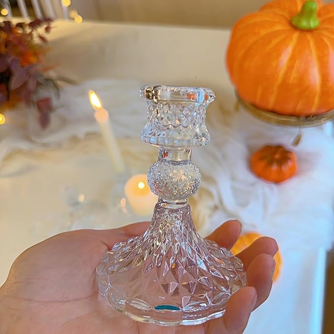 Glass Candlestick Holder,Striped Taper Candle Holders,Set of 6 Candle Stand for Table Centerpieces, Home Decor,Weddings,Festival and Parties (Clear Dimond Pattern)