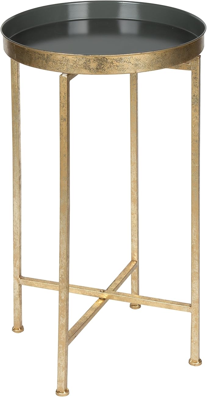 Kate and Laurel Celia Round Metal Foldable Tray Accent Table, Gray with Gold Base