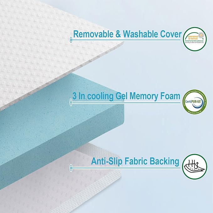 EDILLY 3 Inch Cooling Gel Memory Foam Mattress Topper Queen Size,with Removable & Washable Bamboo Cover,Soft Breathable Mattress Pad,Bed Topper for Back Pain Relief (60x80)