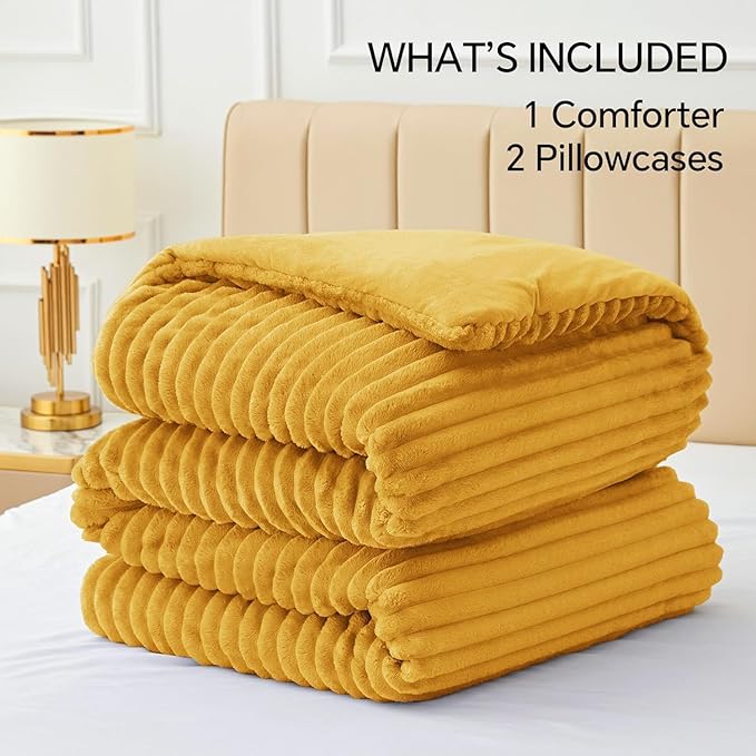 BEDELITE Fleece Queen Comforter Set -Super Soft & Warm Fluffy Mustard Yellow Bedding, Luxury Fuzzy Heavy Bed Set for Winter with 2 Pillow Cases