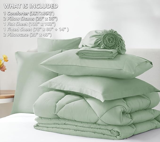 CozyLux King Size Comforter Set Sage Green - 7 Pieces Bed in a Bag King, Luxury Soft Bed Set for All Seasons, Bedding Set with Down Alternative Comforter, Sheets, Pillowcases & Shams