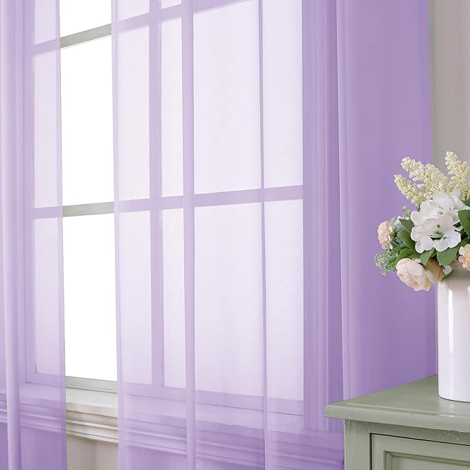 Aiyufeng Light Purple Sheer Curtain Panels Pair Sold 54 Inch Length, Light Filtering Window Curtain Drapes Treatment for Kitchen, Bedroom/Children Room, Voile Top Dual Rod Pocket, 2 Pack of 42 x 54"