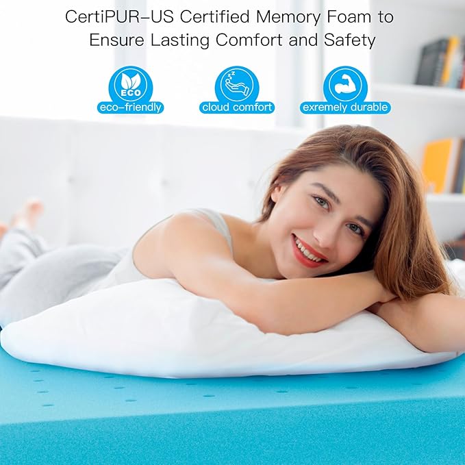 Airensky Memory Foam Mattress Topper Queen, Cooling Gel Infused High Density Topper with Removable Washable Cover, Bed Topper for Pressure Relief Back Pain, CertiPUR-US Certified, 3 Inch, 60"x80"