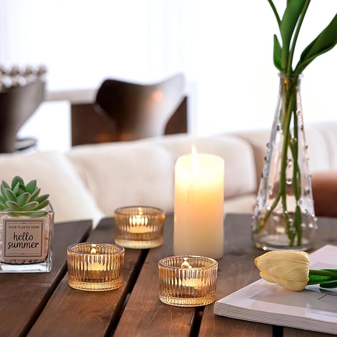 18 pcs Gold Tealight Candle Holders with 18PCS Tealights, Glass Votive Candle Holders Set for Table Centerpiece, Home Decor and Party Supplies