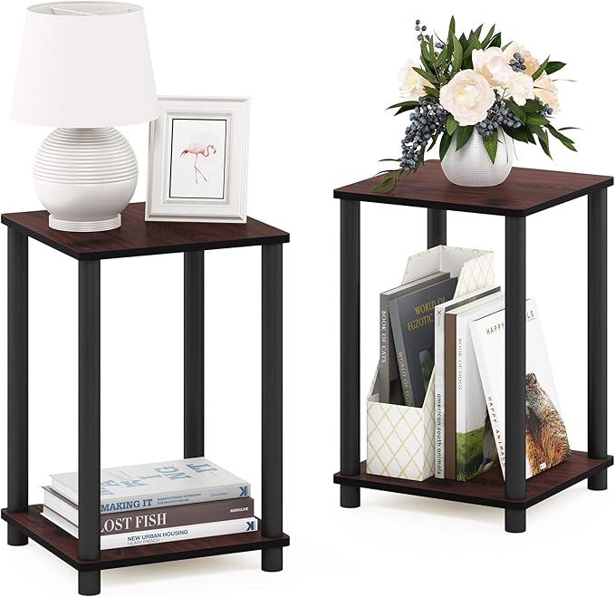 Furinno Turn-N-Tube End Table Corner Shelves, Set of 2, Dark Cherry/Black