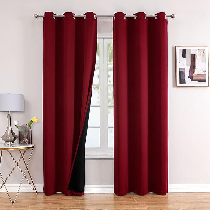 ChrisDowa 100% Blackout Curtains for Bedroom with Black Liner, 2 Thick Layers Total Blackout Thermal Insulated Grommet Window Curtains 2 Panels Set (Burgundy, 42 x 84 Inch)