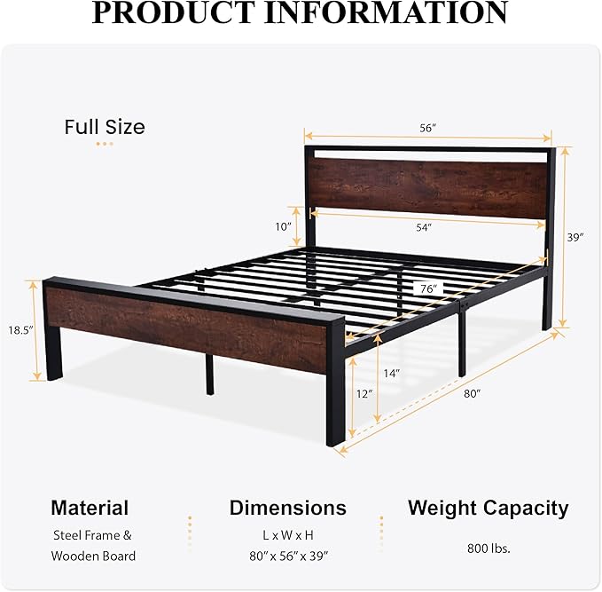 SHA CERLIN 14 Inch Full Size Metal Platform Bed Frame with Wooden Headboard and Footboard, Mattress Foundation, No Box Spring Needed, Large Under Bed Storage, Non-Slip Without Noise, Mahogany