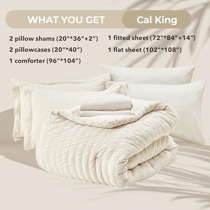 HYMOKEGE Ivory California King Comforter Set Seersucker 7 Pieces, All Season Luxury Bed in a Bag for Bedroom, Bedding Set with Comforters, Sheets, Pillowcases & Shams
