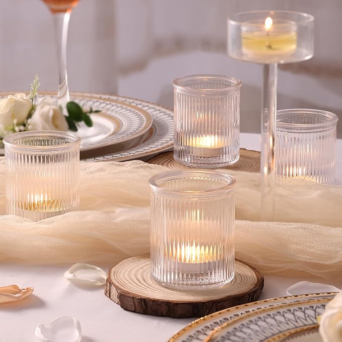 8Pcs Ribbed Votive Candle Holders, Tea Light Candle Holder Glass, Clear Candle Holders for Wedding Table Decor, Home and Holiday Decor