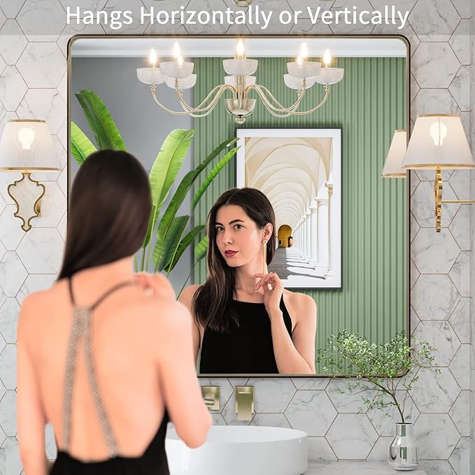 LOAAO 36”X36” Bronze Bathroom Mirrors for Vanity, Rounded Rectangle Brushed Bronze Metal Frame Mirror, Anti-Rust, Tempered Glass, Hangs Horizontally or Vertically