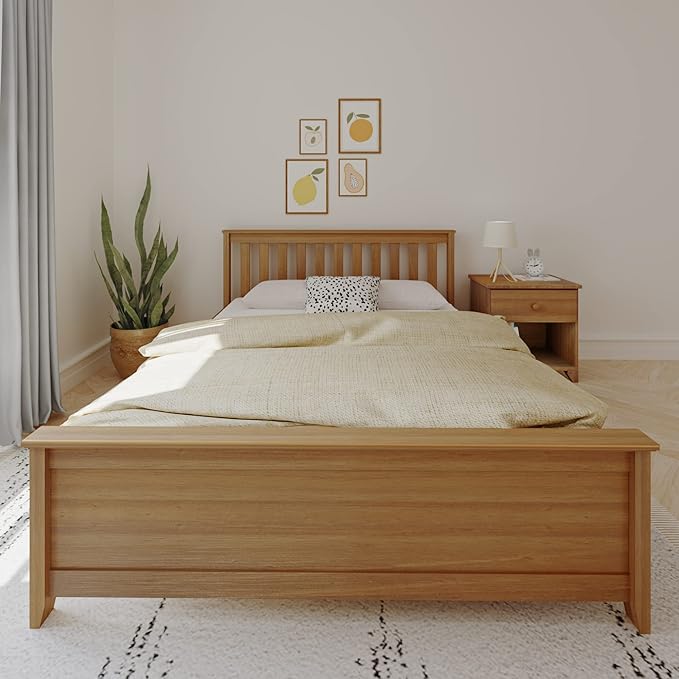 Max & Lily Queen Bed Frame with Slatted Headboard, Solid Wood Platform Bed for Kids, No Box Spring Needed, Easy Assembly, Pecan