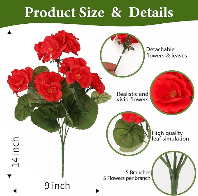 NESCCI 8 Pack Artificial Geranium Flowers for Outdoors UV Resistant Artificial Flowers Silk Geranium Fake Flowers Faux Flower for Outdoor Planters Garden Plants Window Sill Courtyard Home Decor(Red)