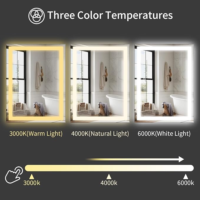 Koonmi 30x55 LED Bathroom Mirror, Backlit + Front Lit, LED Bathroom Mirror with Lights for Wall, 3 Colors, Anti-Fog, Dimmable Brightness, Tempered Glass