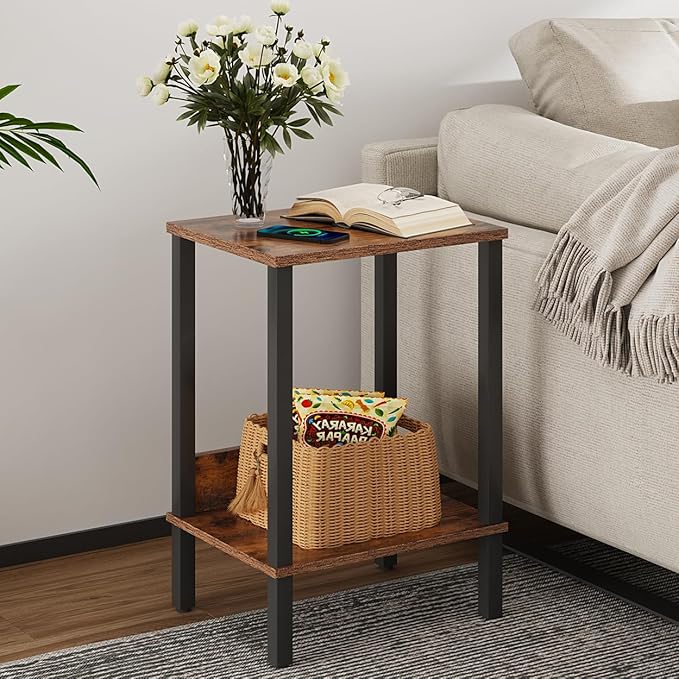 End Table, Side Table, Set of 2, Nightstands with 2-Tier Storage Shelves, Sofa Table for Small Space, Coach Table for Living Room Bedroom, Rustic Brown UTBT101F2