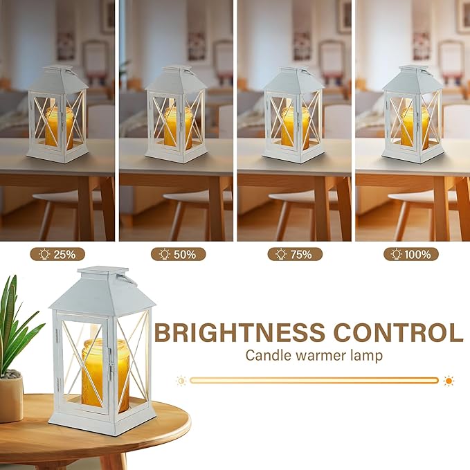 Candle Warmer Lamp with Timer,Cande Warmer Lantern for Jar Candle,Dimmable Candle Lamp Warmer Farmhouse Heat Lamp with 2 Bulbs,Auto Shut Off & Adjustable Brightness-White