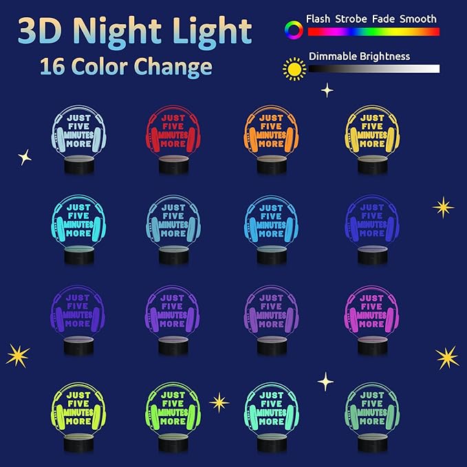 Attivolife Just Five Minutes More Night Light, Headphone Graphic Video Games Gamer Room Decor, Funny Gift 3D Illusion Lamp 16 Colors Changing Touch & Remote Control for Men Teenagers Kids
