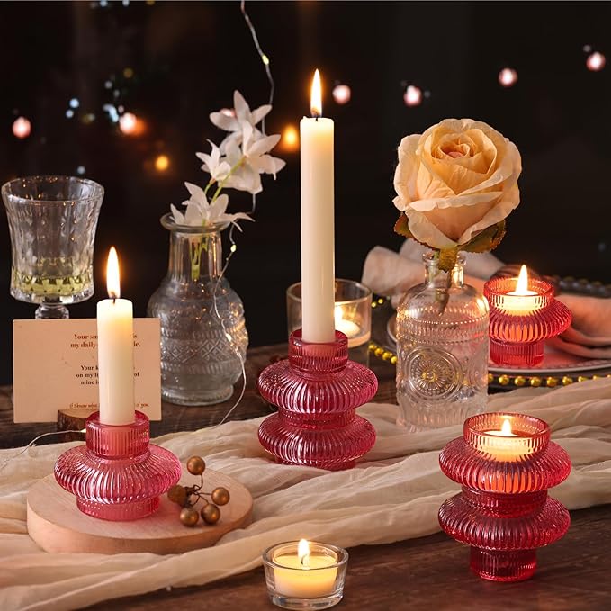 Pink Candlestick Holders Set of 10, Pink Glass Candle Holders for Pillar Candles, Taper Candle and Tealight Candles, Taper Candle Holders for Wedding, Table Centerpiece