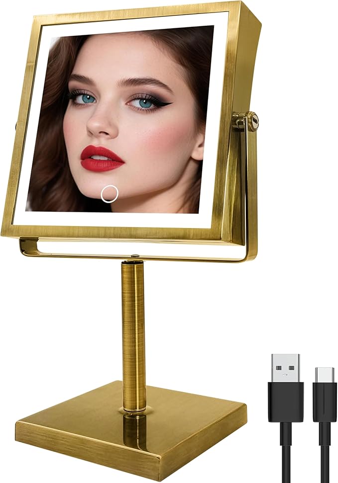 RUACQ Rechargeable Makeup Mirror, 4000mAh Lighted Makeup Mirror with Magnification 1X/10X, Height Adjustable vanity mirror with lights, 3 Color light, Adjustable Brightness,360°Rotation(Antique Brass)