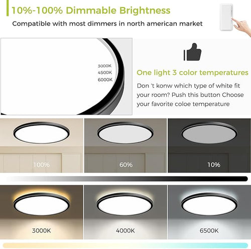 1PACK Flush Mount LED Ceiling Light Fixture Black, 20Inch 45Watt, Dimmable & 3000K-4500K-6000K 3 Color Selectable Ceiling Lamp 4500LM Low Profile Ceiling Light for Kitchen Bedroom Hallway Porch