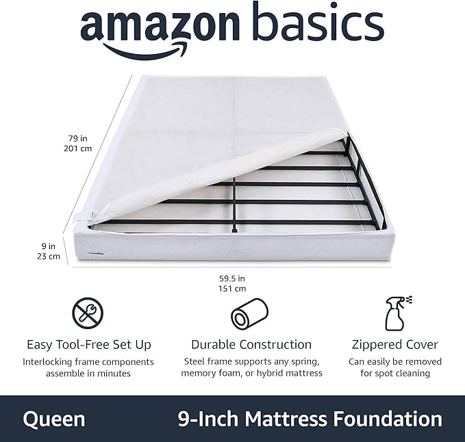 Amazon Basics Smart Box Spring Bed Base, 9-Inch Height Mattress Foundation, Tool-Free Easy Assembly, Queen, 79"L x 59.5"W x 9"H, White