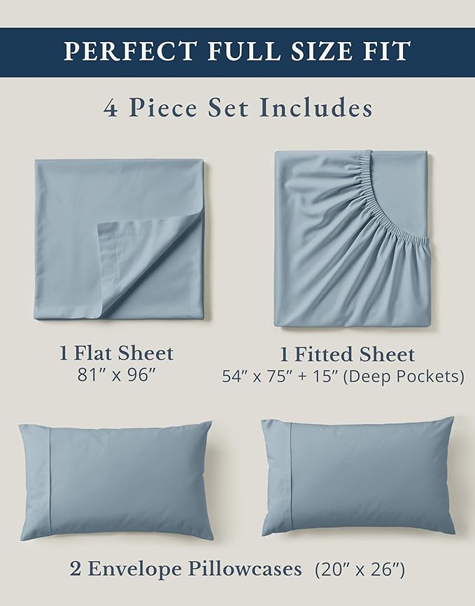LANE LINEN 100% Organic Cotton Full Sheets Set 4-Piece Pure Percale Soft Bedding Breathable Fits Mattress Upto 15" Deep - French Blue