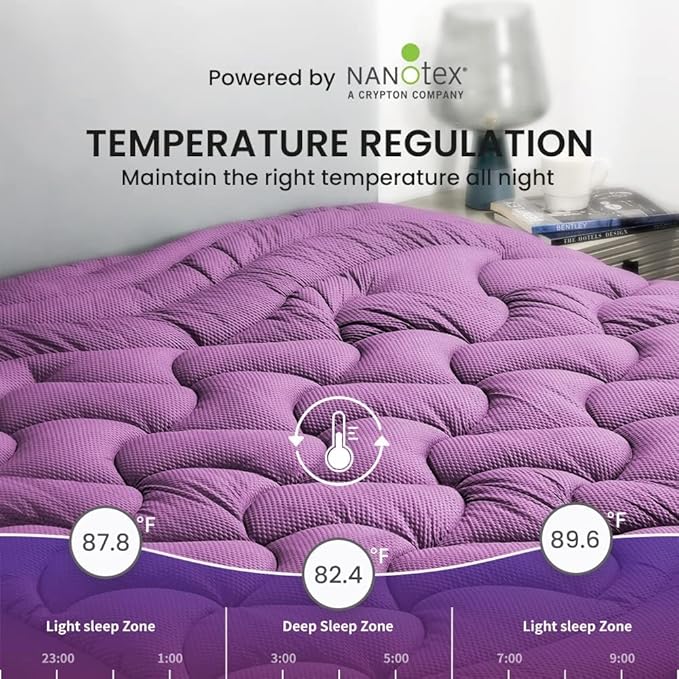 SLEEP ZONE Cooling Mattress Topper Twin XL for College Dorm, Premium Zoned Quilted Mattress Pad, Fitted Mattress Protector Cover Washable, Deep Pocket 8-21 inch, Purple, Twin XL