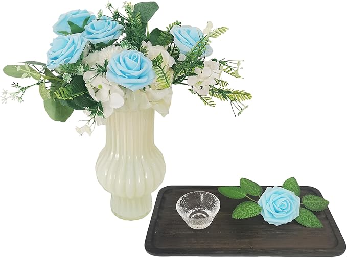 Artificial Rose Flowers 25pcs, Light Blue Foam Fake Rose Faux Flower for Wedding Bouquets Bridal Shower Centerpieces Floral Arrangements Home Decorations Party Backdrops Table