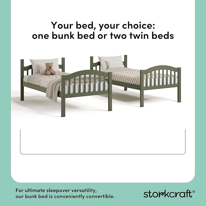 Storkcraft Long Horn Twin-Over-Twin Bunk Bed (Olive) - GREENGUARD Gold Certified, Converts to 2 Individual Twin Beds