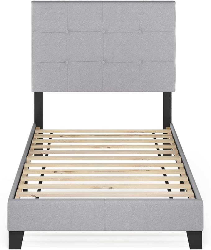 Furinno Laval Button Tufted Upholstered Platform Bed Frame, Twin XL, Glacier