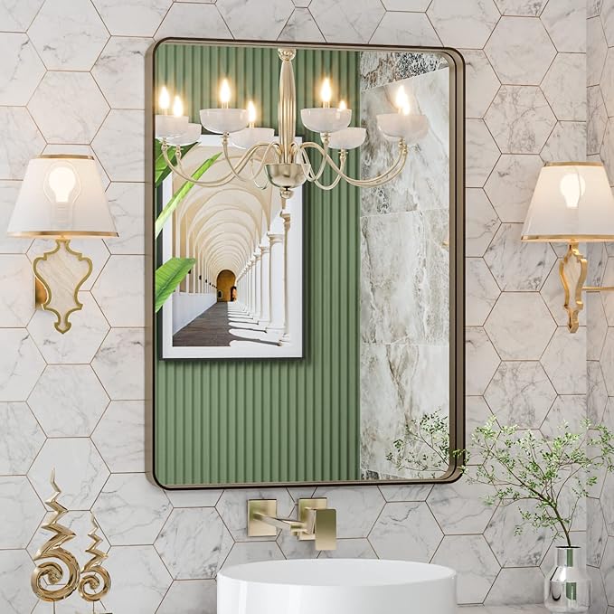 LOAAO 20”X30” Bronze Bathroom Mirrors for Vanity, Rounded Rectangle Brushed Bronze Metal Frame Mirror, Anti-Rust, Hangs Horizontally or Vertically