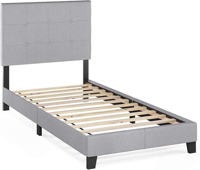 Furinno Laval Button Tufted Upholstered Platform Bed Frame, Twin XL, Glacier