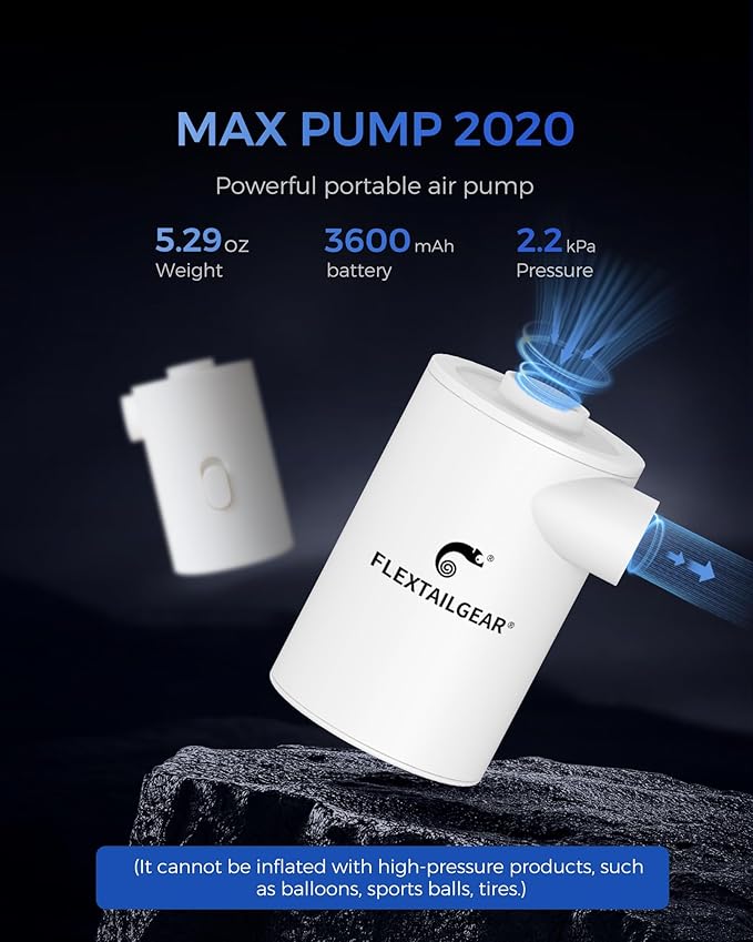 FLEXTAILGEAR Portable Camping Air Pump,Electric Air Mattresses Pump with 3600mAh Emergency Power Supply,300 L/min Airflow for Rapid In/Deflation for Air Bed,Pool Float,Inflatables,Sleeping Pad (White)