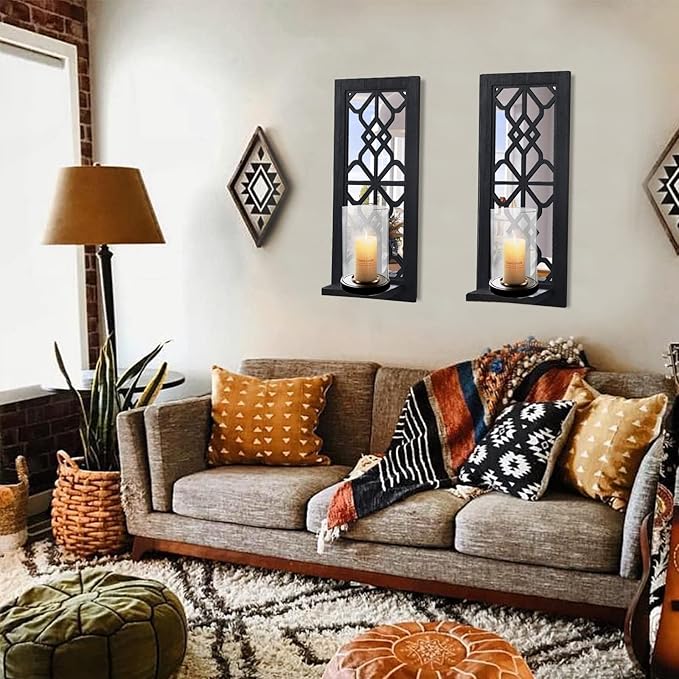 Wood Wall Sconce Candle Holder Set 2, Rustic Candle Sconces, Farmhouse Hanging Wall Décor, Carved Wood Frame, Mirrored Wall Accent