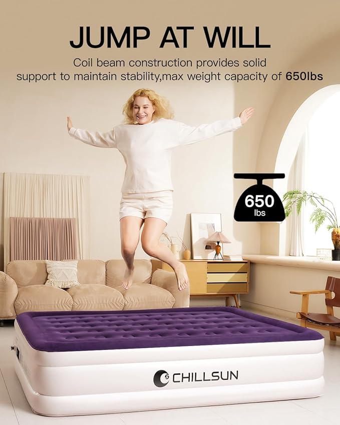 CHILLSUN Air Mattress Queen With Built in Pump - Upgraded Blow Up Bed,2 Mins Quick Self Inflatable and Deflate, 18"/650lbs Max, Strong Support, Flocked Top, Puncture Resistant, for Camping,Home,Guests