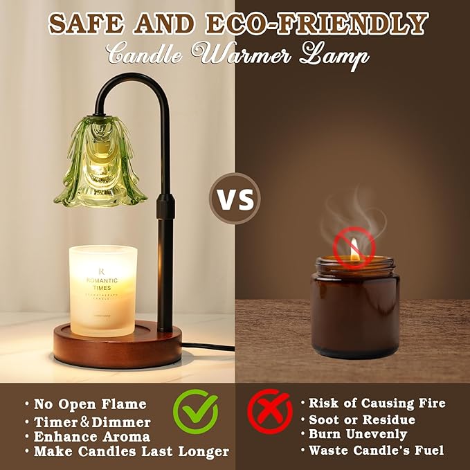 Small Candle Warmer Lamp with Timer, Adjustable Green Lamp Warmer for Jar Candles, Unique Women Gifts for Birthday, Dimmable Candle Heater, Christmas Gifts, Cute Wax Warming Light with Wood Base
