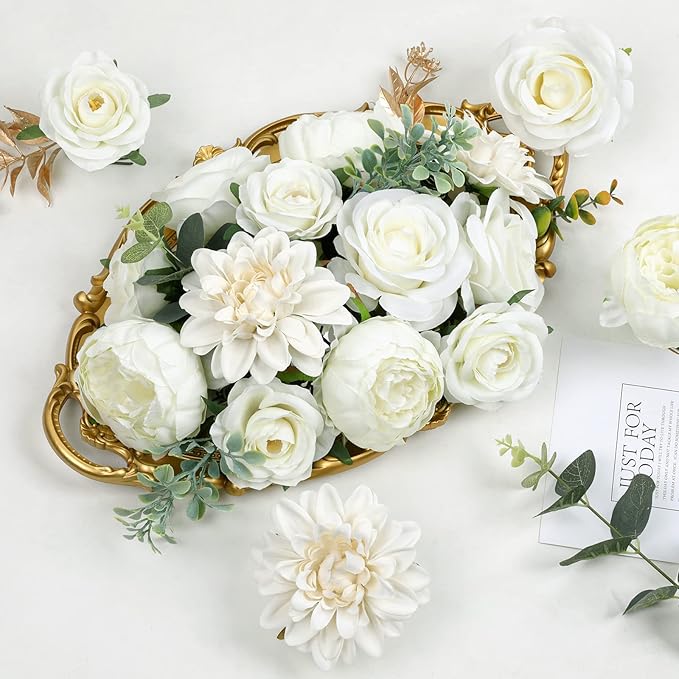 AmyHomie Ivory Artificial Flowers Combo Silk Mix Peony Rose Hydrangea Fake Flowers w/Stem for DIY Wedding Bouquets Centerpieces Arrangements Table Fall Decor Party Bridal Baby Shower Home Decorations