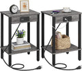 VIMBER Set of 2 End Table with Charging Station, Narrow Side Table with USB Ports and Outlets, Nightstands with 2-Tier Storage Shelves, Sofa Table for Small Space Living Room Bedroom, Grey