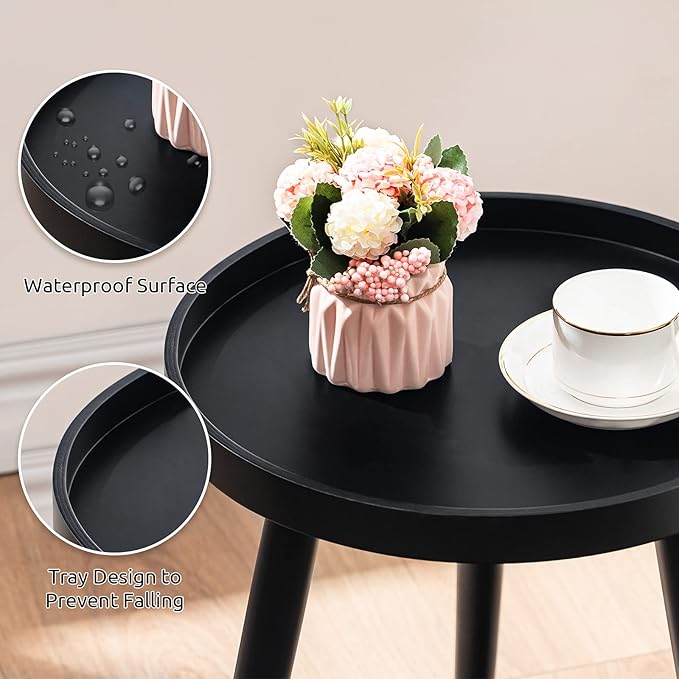 Apicizon Black Round Side Table Set of 2, Tray Nightstand Sofa Coffee End Table for Living Room, Bedroom, Small Spaces, Easy Assembly Bedside Table, 15 x 18 Inches, Black