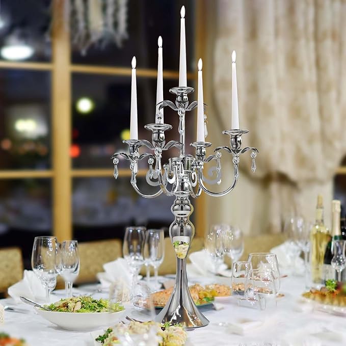 2 Pcs 20.3'' Tall 5 Arm Silver Candelabra Centerpiece for Table, Metal Crdystal Candle Holder, Retro Candlestick Table Centerpieces for Party, Events, Home, Wedding Decor (2, Silver)