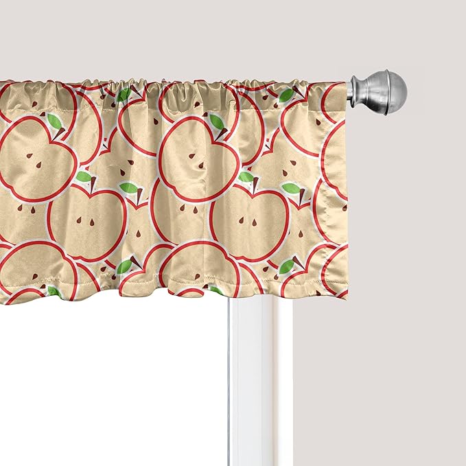 Ambesonne Fruits Window Valance Pack of 2, Modern Illustration Fruit from Abstract Cartoon Drawing Outline Look, Rod Pocket Curtain Valances for Kitchen Bedroom, 54" X 12", Apple Green Beige and Red