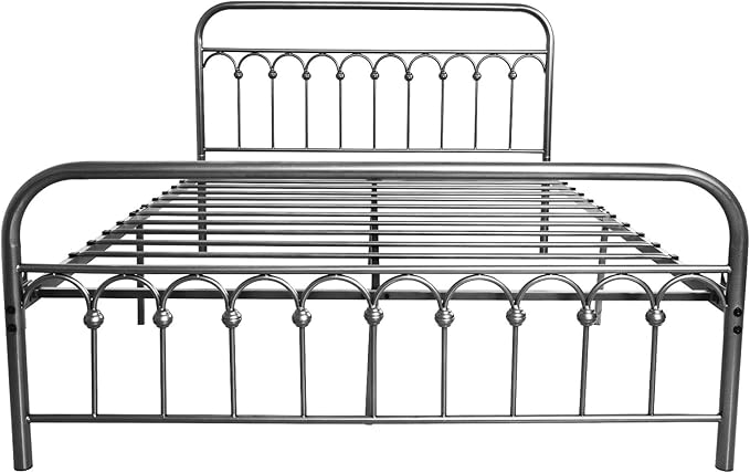 TUSEER Metal Bed Frame Queen Size with Vintage Headboard and Footboard Platform Base Wrought Iron Bed Frame Gray Silver (Queen, Gray Silver).