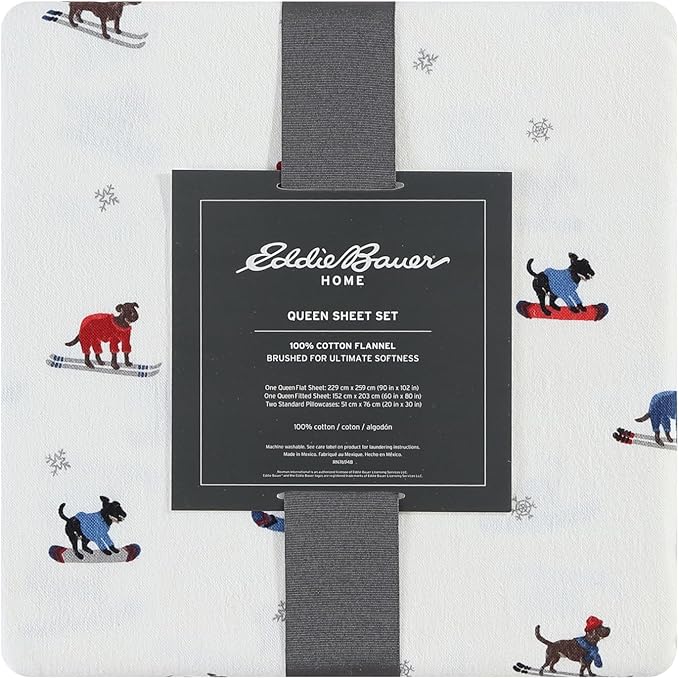 Eddie Bauer - Flannel Sheets Queen Size, Anti-Pilling & Wrinkle Resistant Cotton, Touchably Soft for All-Season Comfort - Bed Sheets with Matching Pillowcases & Fitted Sheet (Ski Patrol White)