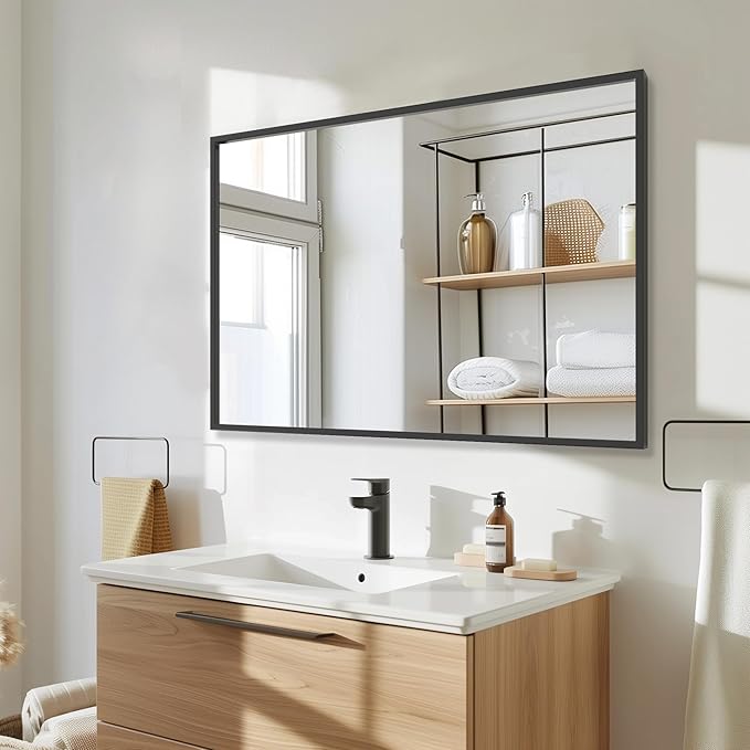 Antok Bathroom Mirror,48"x32" Wall Mirror, Decorative Mirrors Vanity Mirror Aluminum Alloy Frame Contemporary Hanging Mirror for Living Room Bathroom Entryway,Black,Rect Corner