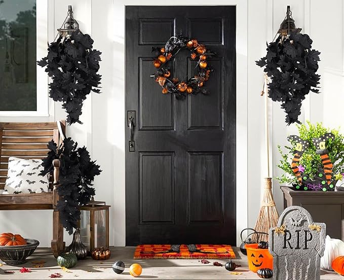 RECUTMS Black Maple Leaf Garland 2PCS Artificial Hanging Fall Halloween Maples Leaves Swag Plants 2.5ft Faux Silk Autumn Garlands for Indoor Outdoor Thanksgiving Party Home Room Fireplace Patio Decor